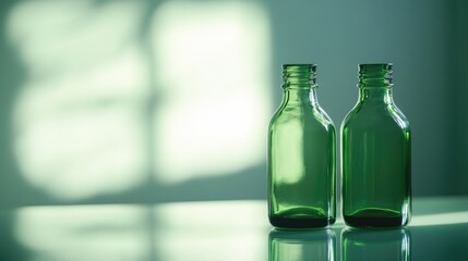 Poster - Minimalist Green Glass Bottles on Reflective Surface in Soft Ambient Light with Selective Focus and Negative Space for Design Use