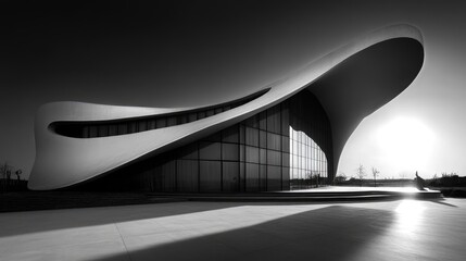 Poster - Stunning modern architectural design in black and white showcasing unique curves and shapes illuminated by sunset shadows