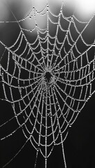 Wall Mural - Intricate Spiderweb Glistening with Dewdrops, Monochrome Nature Photography, Detailed Macro Image