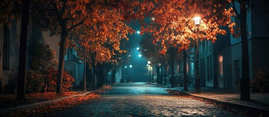 Poster - Serene autumn street illuminated by glowing lamps with vibrant leaves and ample empty space for unobtrusive text placement