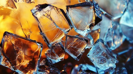 Poster - Abstract Close-Up of Cracked Glass and Crystal Shards with Vibrant Orange and Blue Highlights for Modern Wallpaper Backgrounds