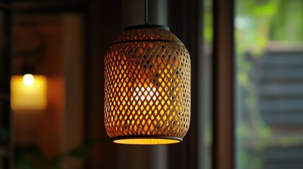 Poster - Bamboo pendant light illuminating a cozy interior atmosphere with warm tones and intricate woven design.