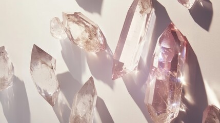 Poster - Elegant Arrangement of Pink and Clear Quartz Crystals with Soft Shadows on Light Background