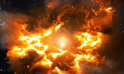 Wall Mural - Fiery Cosmic Explosion with Bright Nebula and Twinkling Stars in Deep Space