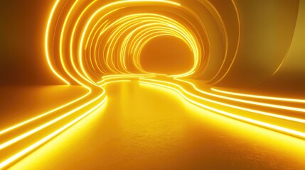 Fototapete - Neon Yellow Curvy Light Tunnel Abstract Background for Modern Design and Visual Effects