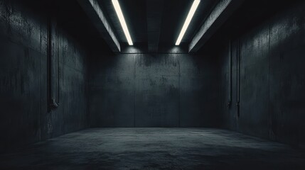 Poster - Abstract moody concrete studio interior with dim lighting and blank wall ready for design or creative projects