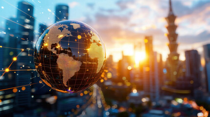 Leinwandbilder - futuristic cityscape featuring glowing globe representing global connectivity, advanced technologies, and urban development at sunset