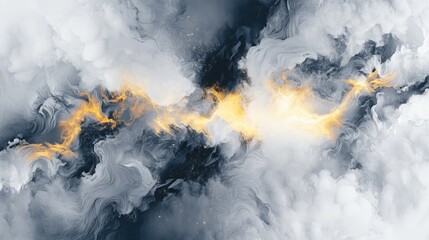 Fototapete - Dynamic Abstract Cosmic Explosion with Golden Accents Amidst Dramatic Gray Cloud Background