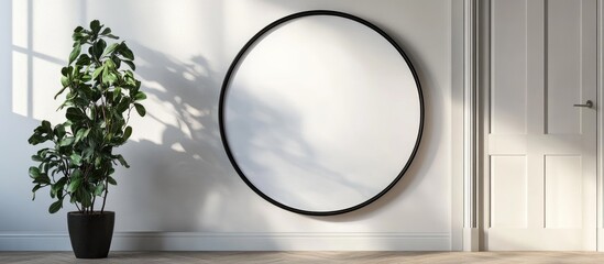 Poster - Black circular frame mockup on bright wall with door and plant providing empty copyspace for text and design placement
