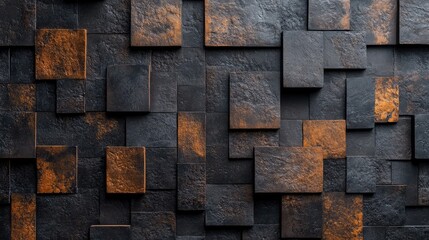 Poster - Abstract Textured Wall with Dark Brown and Black Squares Featuring Rich Earthy Tones and Rustic Surface Details