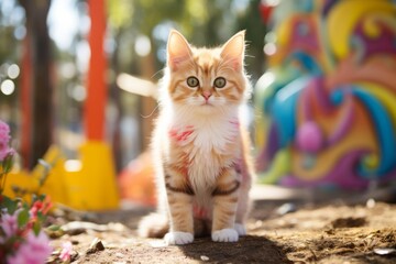 Wall Mural - Portrait of a cute cymric cat on bright and cheerful park background