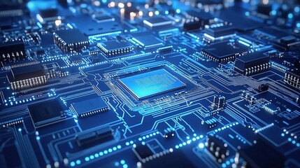 Poster - Detailed Electronic Circuit Board with Blue Lines and Components
