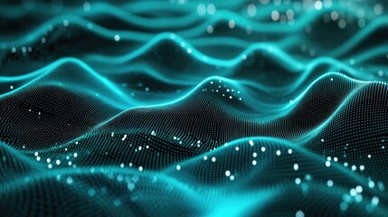 Poster - Vibrant Blue Green Gradient Texture with Grainy Noise Abstract Dynamic Flow and Mesh Background in Modern Digital Design