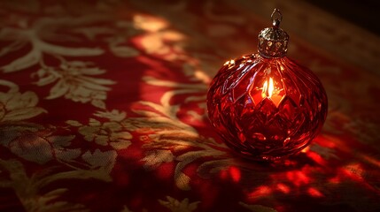 Sticker - Illuminated Red Glass Ornament Rests On Red Fabric