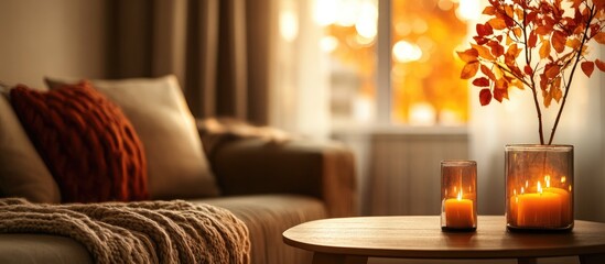 Poster - Cozy Autumn Living Room with Warm Light and Decorative Candles Perfect for Seasonal Text or Promotions