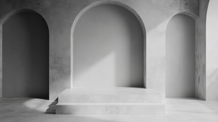 Poster - Modern Minimalist Studio Interior Mockup with Arched Shapes and Textured Concrete Walls for Creative Design and Showroom Presentation