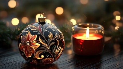 Sticker - Ornate Christmas Ornament Beside a Burning Candle