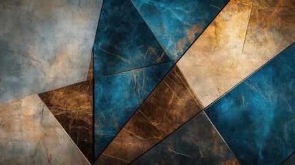 Poster - Geometric Abstract Background in Cracked Brown and Blue Tones with Elegant Art Deco Influences