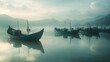 Tranquil Fishing Boats Moored In Misty Morning Bay
