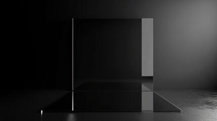 Poster - Abstract dark 3D rendering of a glass room with black flooring creating a striking optical illusion and a sense of vertigo effect