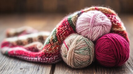 Poster - Wool yarn balls with a cozy knitted scarf on a rustic wooden background showcasing vibrant textures and colors for crafting inspiration.