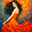 © Tanya - A beautiful dark-haired girl in an orange dress.Blue background with different colors.