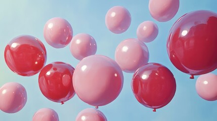 Colorful balloons in pink and red soaring against a bright blue sky creating a festive and cheerful atmosphere for celebrations and events