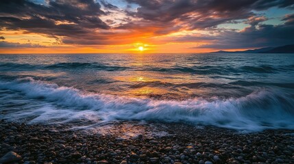 Poster - Serene Sunrise Over Tranquil Sea with Gentle Waves and Dramatic Cloudscape