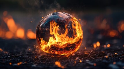 Poster - Fiery glass sphere glowing amidst flames creating a dramatic and captivating visual effect on a dark background