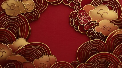 Poster - Elegant Red and Gold Abstract Background with Curved Lines and Floral Elements in Asian Style Design