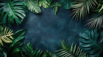 Poster - Aerial view of lush tropical leaves surrounding dark textured background for versatile text placement and creative design options