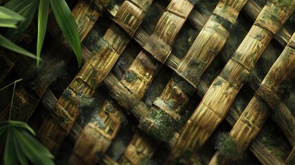 Poster - Bamboo basketry texture close-up showcasing intricate weaving patterns with natural greenery accents for artistic backgrounds or designs.