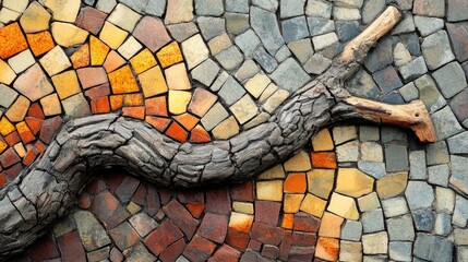 Poster - Mosaic art featuring a textured sawn stem surrounded by vibrant colored tiles creating a stunning visual composition