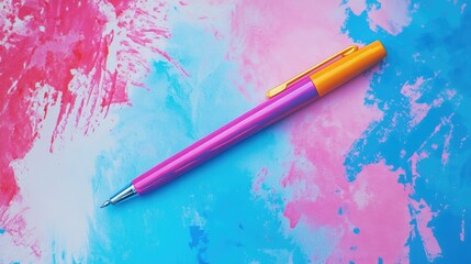 Poster - Colorful ballpoint pen resting on a vibrant abstract background suitable for creative and stationery-themed designs and advertisements.