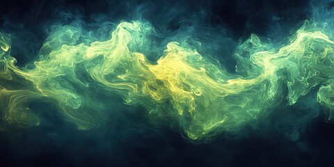 Poster - Colorful abstract smoke patterns swirl and blend in a vibrant display of yellow and green hues above a dark background