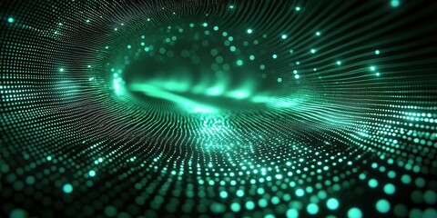 Poster - Abstract digital wave with glowing particles and flowing lines in green tones