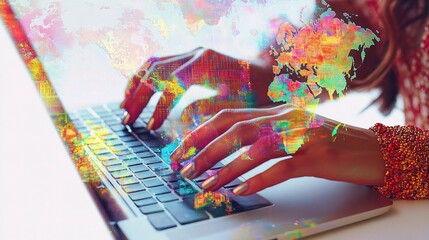 Poster - Double Exposure of Woman's Hands Typing on Computer Keyboard