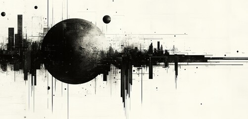 Poster - Intricate abstract design featuring a central sphere and dynamic linear elements in a monochromatic style