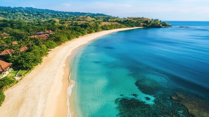 Poster - Aerial view of a serene tropical beach with clear turquoise water and soft sandy shoreline perfect for summer getaways and relaxation