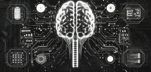 Poster - Digital brain concept with circuits and data displays illustrating artificial intelligence and technology integration