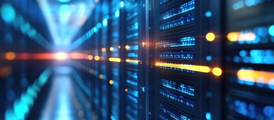 Fototapete - Abstract Digital Data Storage Visual with Focused Light Pathway and Blurred Server Background Featuring Empty Space for Text Insertion