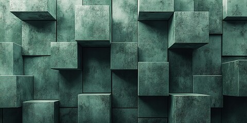 Poster - Textured green concrete wall with three-dimensional cubic patterns creating a modern aesthetic in an urban environment during daylight hours
