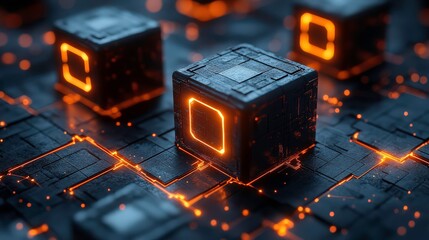 Fototapete - Futuristic Abstract Background Featuring Glowing Cubes with Neon Orange Lights on a Dark Surface, Representing Technology and Innovation Concepts
