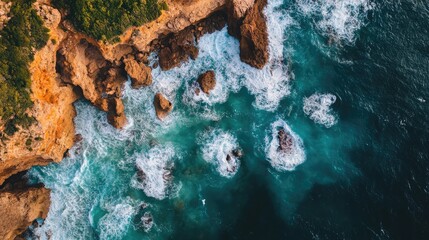 Poster - Aerial view of turquoise waves crashing against rocky cliffs showcasing natural textures and empty space for creative text placement