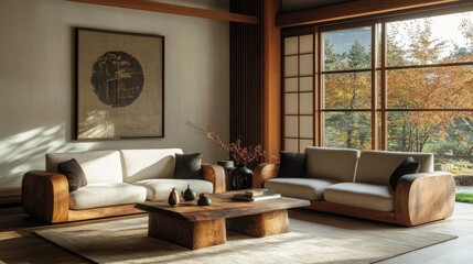 Poster - Contemporary Living Room Featuring Asian Inspired Furniture and Wooden Decor in Serene Natural Setting