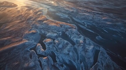 Poster - Stunning aerial view of ice-covered river delta showcasing intricate formations and winter textures at sunset