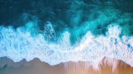 Poster - Aerial view of dynamic turquoise ocean waves crashing on sandy shore with ample space for text or branding elements