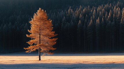 Wall Mural - Bald tree on frosted field against dark forest during serene sunrise in winter landscape