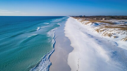 Poster - Aerial view of serene white sand beach and turquoise ocean under clear winter sky with ample space for text or branding placement