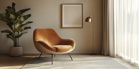 Poster - Cozy living room setup with modern chair, indoor plant, and warm lighting in a sunlit space